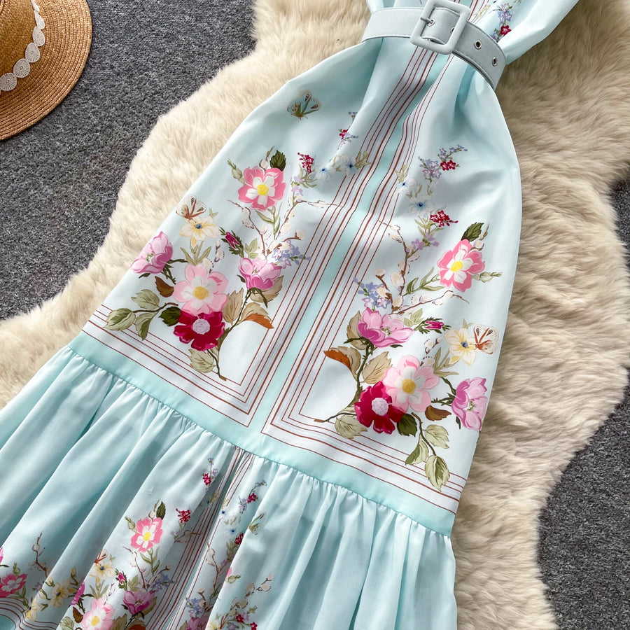 Mint Green Floral Print Sleeveless A-Line Dress Women Summer High Waist Simple Pure Desire Style Commute Suitable City Outfit