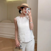 Female New High Waist Linen Sets Thin Pant Outfits O-Neck Elegant Sleeveless Tops Hollow-Out Embroidery Women Two-Piece Vest Set