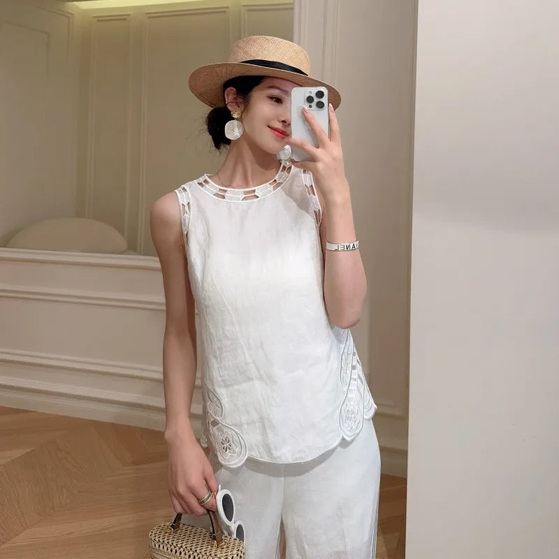 Female New High Waist Linen Sets Thin Pant Outfits O-Neck Elegant Sleeveless Tops Hollow-Out Embroidery Women Two-Piece Vest Set