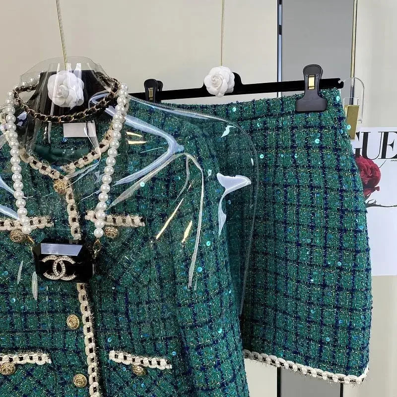 Women Elegant Vintage Tweed Fragrant Suit Jacke Coat Top And Skirt Two Piece Set Green Outfit Winter Jacquard Party Clothing