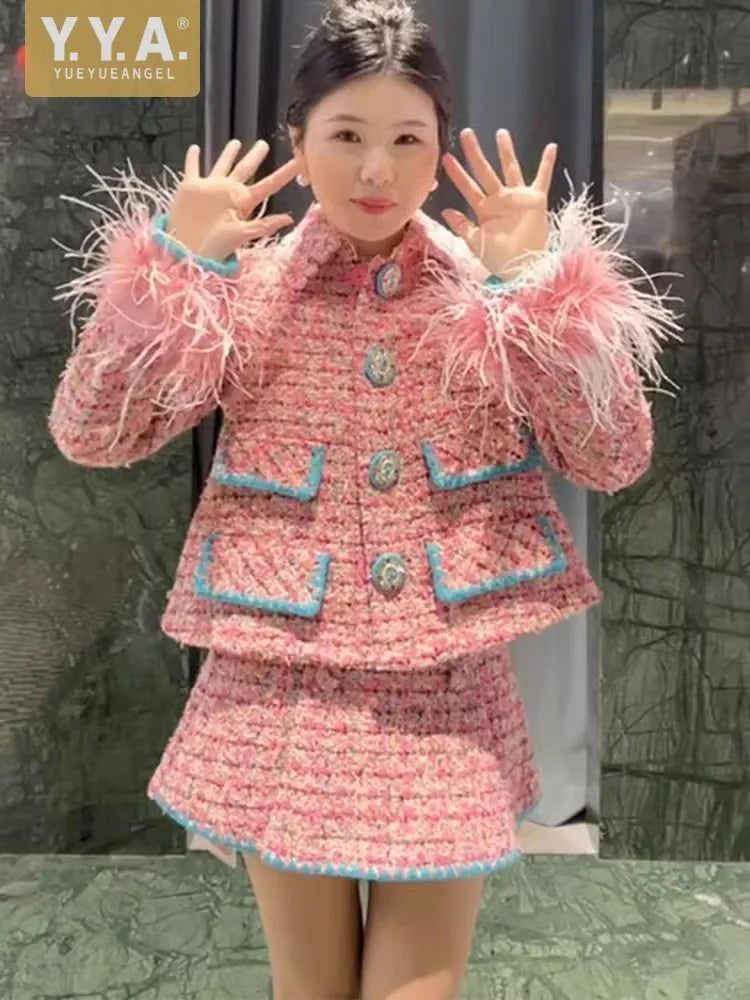 Women Auutmn Winter Sweet Feather Single Breasted Tweed Short Jacket High Waist A-Line Skirt Offce Ladies Fashion Two Piece Set