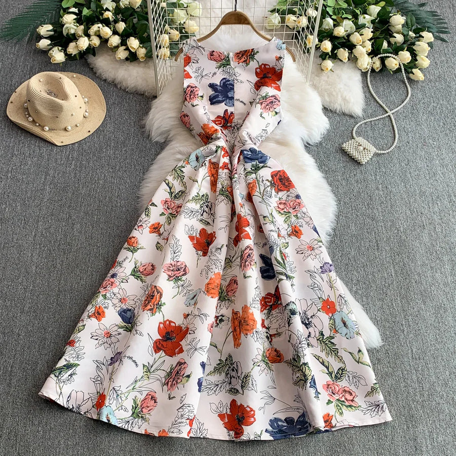 Fashion Elegant Print Sleeveless Dress Women 2026 Summer New Slim Waist Gown Ball Big Swing Robe Fresh Temperament Vestidos
