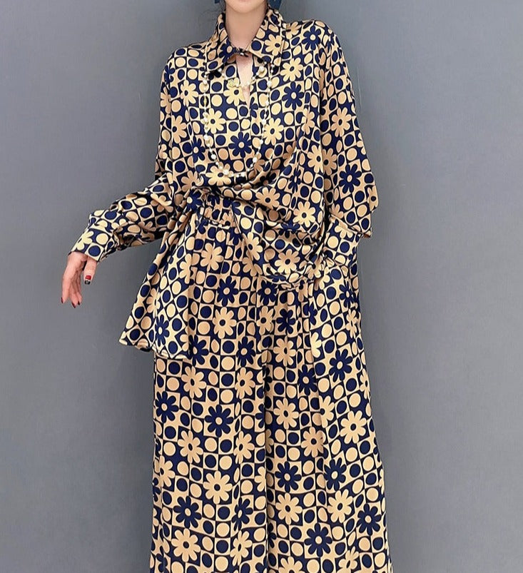 Two-pieces Long Sets For Spring Autumn Printing Long Shirt And Wide Leg Pants Casual Loose Matching Suit Clothes