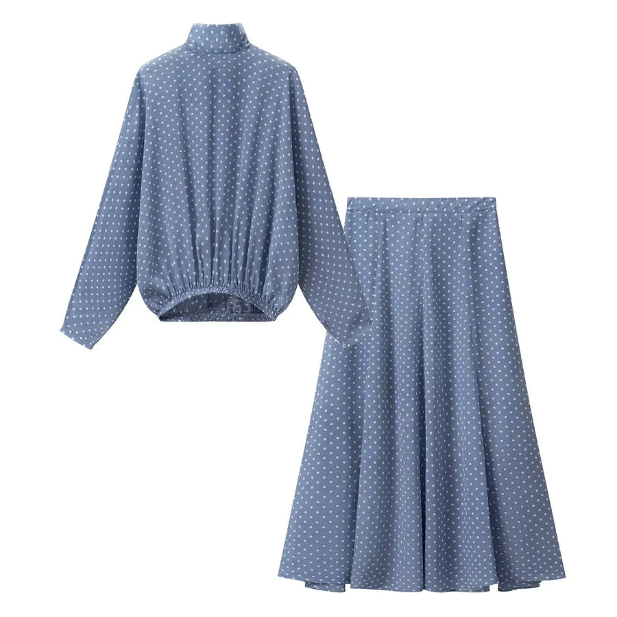 Vintage Polka Dot Women Sets Chiffon Bow Tie Loose Blouses Loose Long Skirts Fashion  Spring Summer Holiday Suits