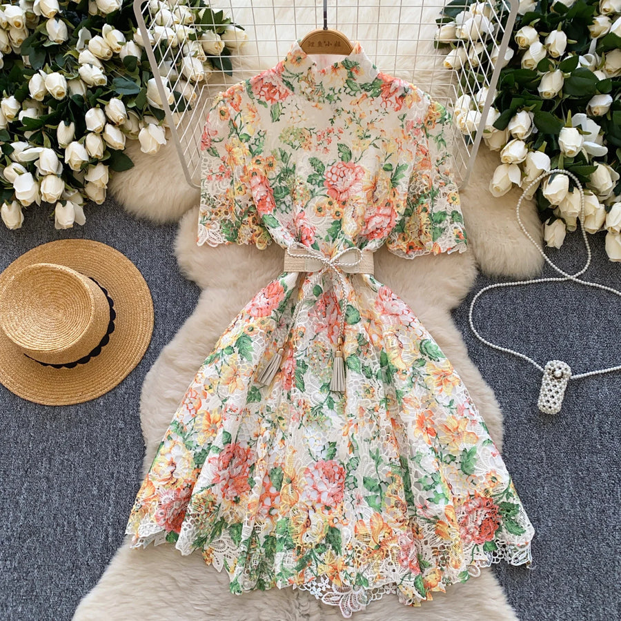 Elegant French style short dress with high quality vintage floral print