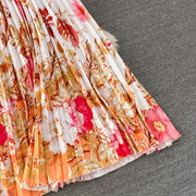High Quality High Waist Short Sleeve Color Print Pleated O-Neck Dress