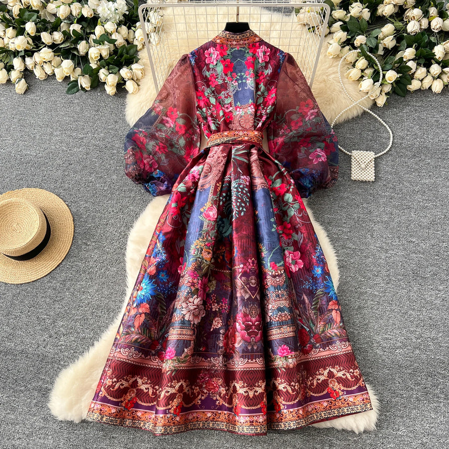 High quality vintage palace print French style elegant evening dress