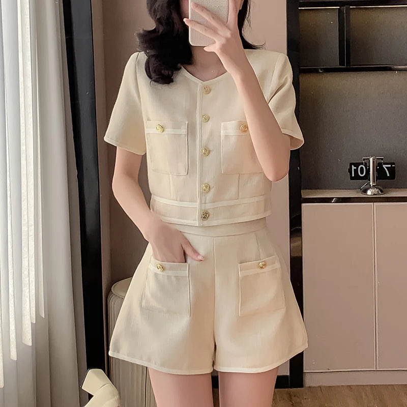 Two 2 Piece Shorts Sets Women Tweed Shorts Suits Office Ladies Single-Breasted Short Sleeve Jacket Coat High Waist Shorts S-XL