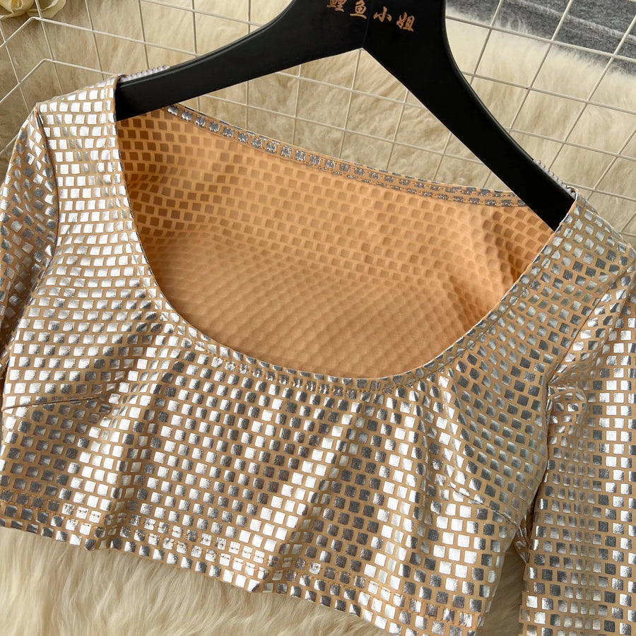 Vintage Two Piece Skirt Sets O-neck Long Sleeve Crop T-shirt and High Waist Hip Wrap Skirt High Quality