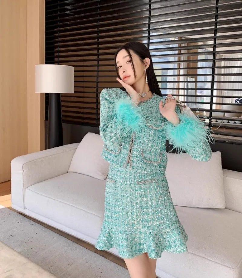 Shiny Diamonds Sequins Elegant Slim Fit Office Ladies Tweed Short Jacket High Waist A-Line Skirts Women Fashion Two Piece Set