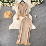 Basic Sets V-Neck Button-Down Knitted Blouse + High Quality Elastic Waist Bodycon Skirt