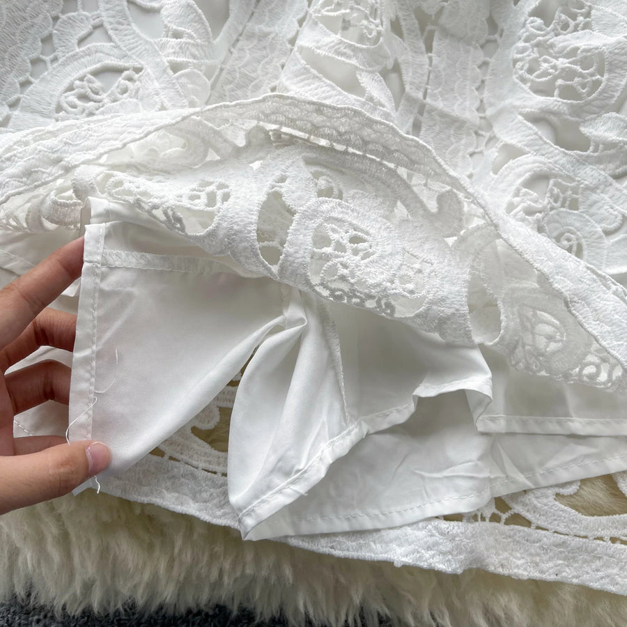 Retro Two Piece Set Hollow Out Long Sleeve Shirt+High Quality Mini Skirts