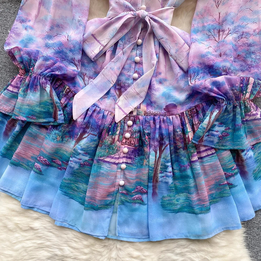 Elegant floral long sleeve V-neck dress with high quality bows