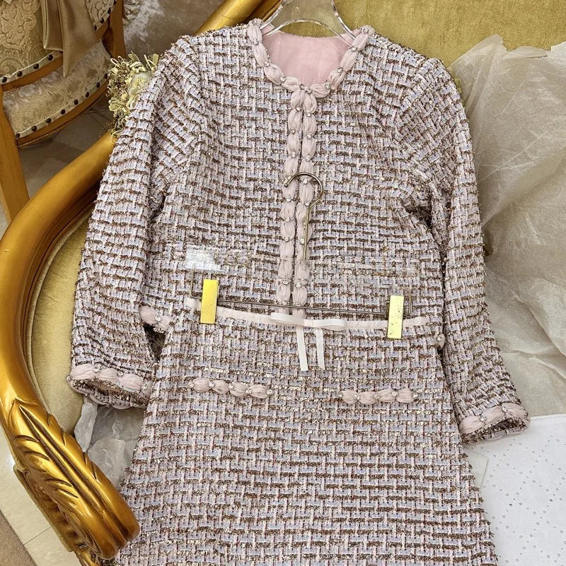 Autumn Winter Office Women Mixed Color Fit Sets Golden Silk O Neck Two Piece Set Tweed Jacket Slim Half Skirt Set Elegant Lady