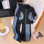 Summer New Stitched Zipper T-shirt top Female Set Elegant Women's Jeans Casual Blouse Two Piece Set Ladies Tracksuits big