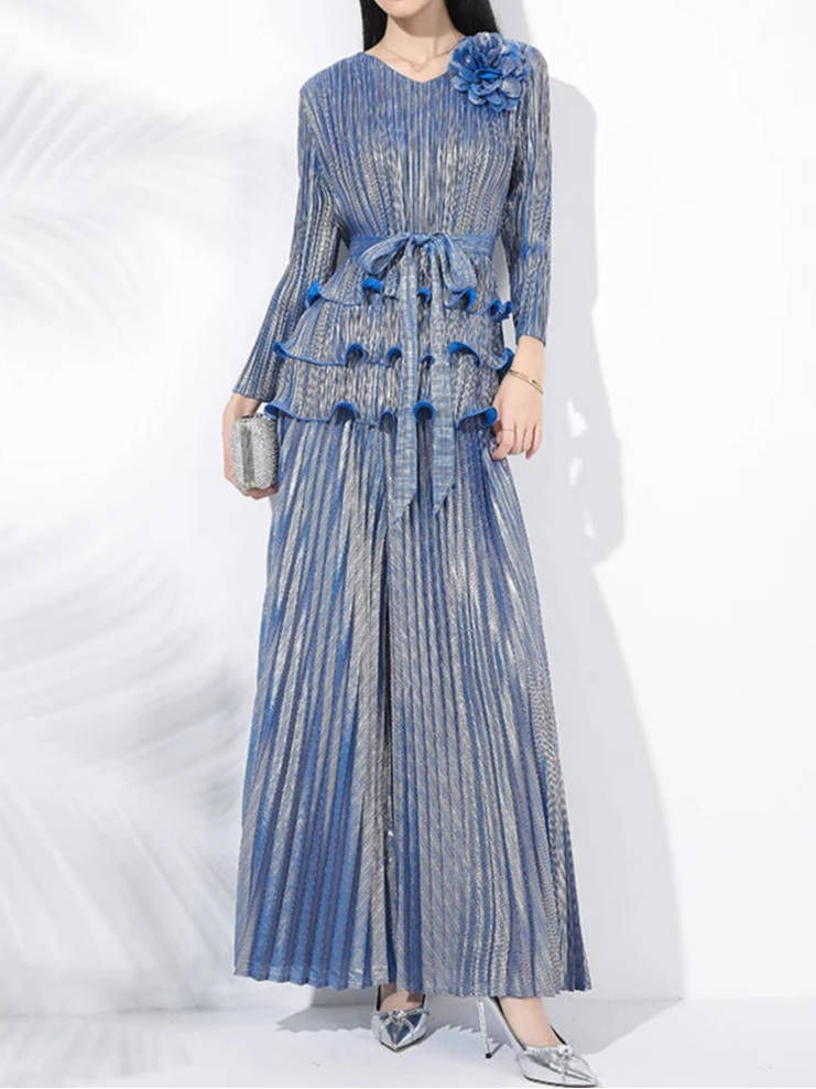 2-piece set of 3D flower pleated niche design lace-up T-shirt + loose elegant wide-leg pants