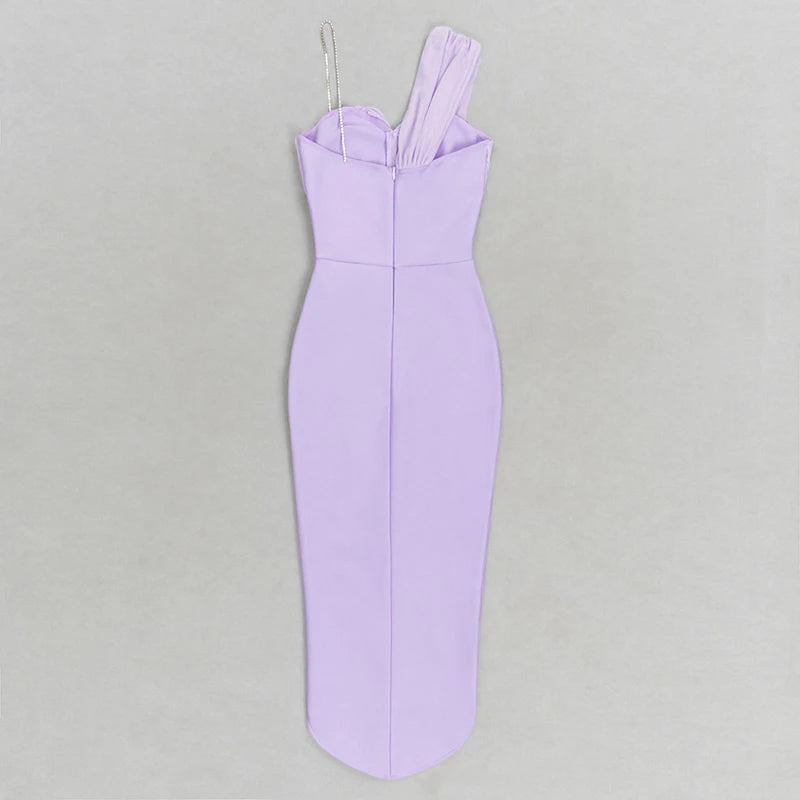 Sexy Midi Dress Strap One Shoulder Draped Fold Sleeveless Bandage Bodycon High Quality