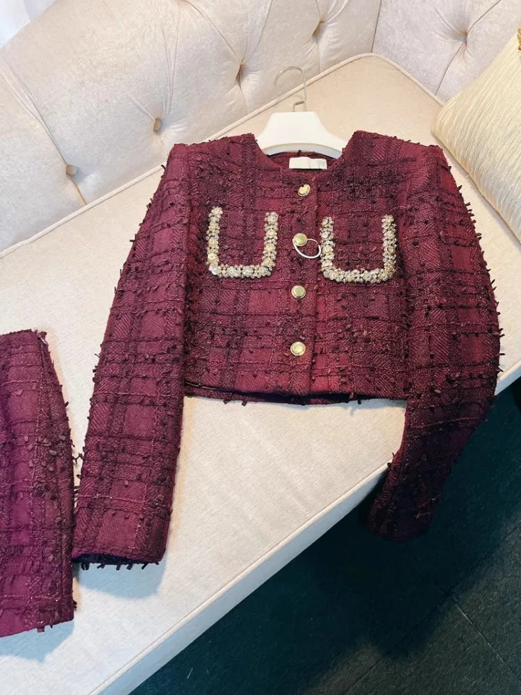 Office Ladies Elegant Two Piece Set Tweed Short Jacket High Waist A-Line Skirt New Spring Slim Fit Fashion Women Matching Sets