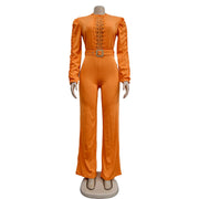 Elegant Hollow Out Turtleneck Long Sleeve Slim Fit Jumpsuit with Belt High Quality