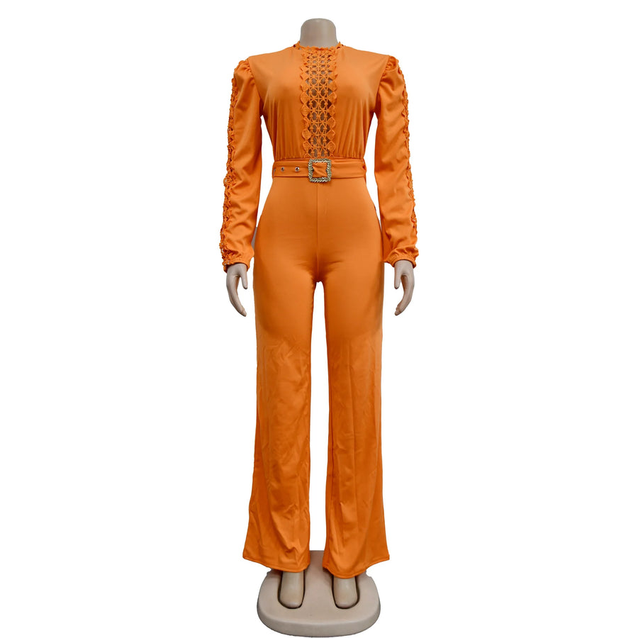Elegant Hollow Out Turtleneck Long Sleeve Slim Fit Jumpsuit with Belt High Quality