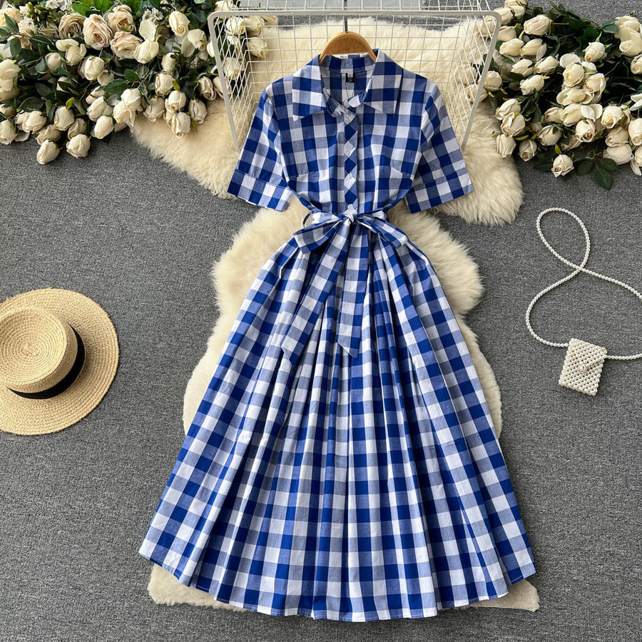Blue and White Plaid Shirt Dress Short Sleeve Cross Sashes Lace Up Vintage Midi High Quality