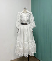 Lantern-sleeved long-sleeved shirt + elastic waist lace splicing hollow-out skirt skirt suit