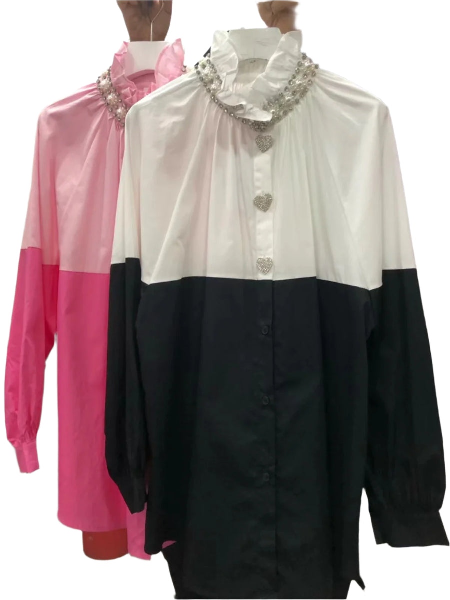 High Quality Long Sleeve Luxurious Style Beaded Diamond Embroidery Cotton Shirt