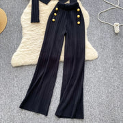 Two Piece Sets Elegant Long Sleeve Button Top + Elastic Long Pants