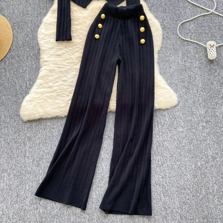 Two Piece Sets Elegant Long Sleeve Button Top + Elastic Long Pants