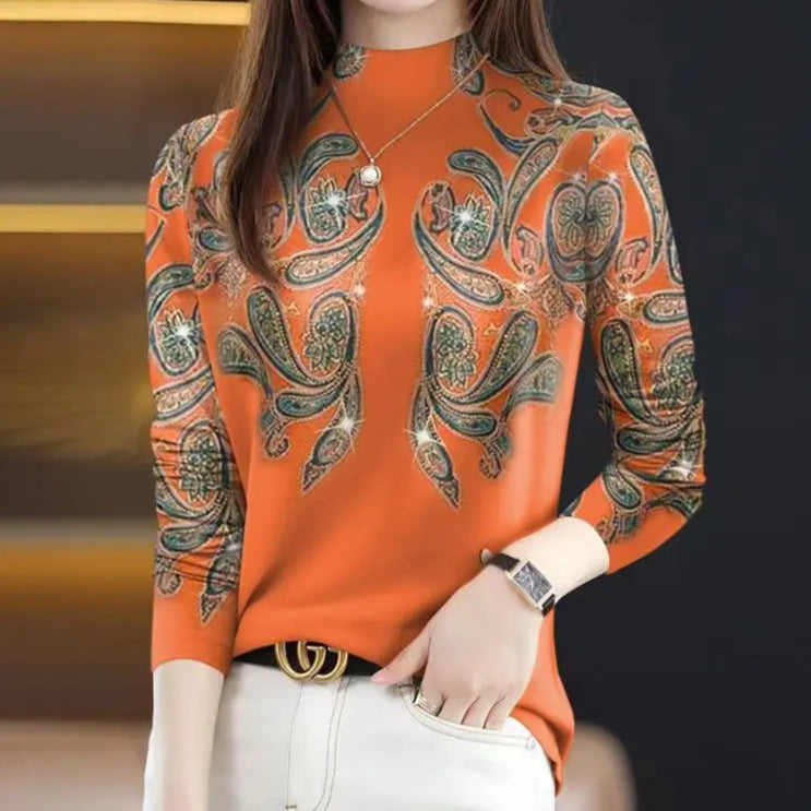 High quality half-high collar splicing print slim-fitting versatile casual long-sleeved top