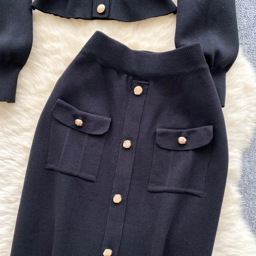 High quality two piece outfits with long sleeves and turn-down collar, buttons and pencil skirt