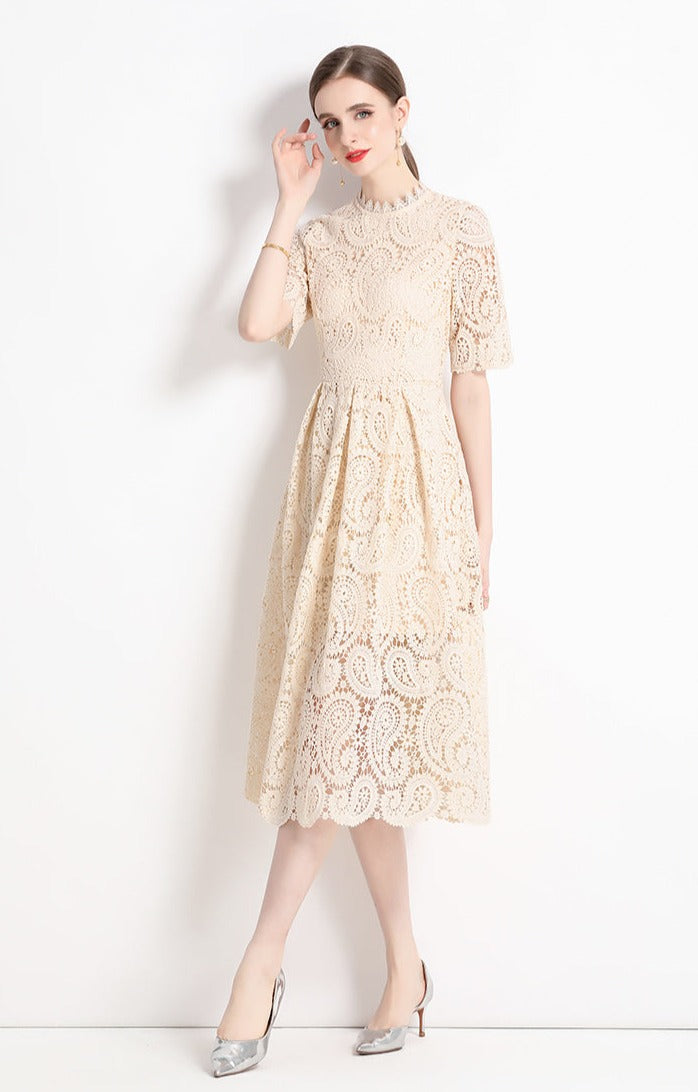 High Quality Hollow Out Short Sleeve Vintage Solid Midi Length Embroidery Lace Elegant Dresses
