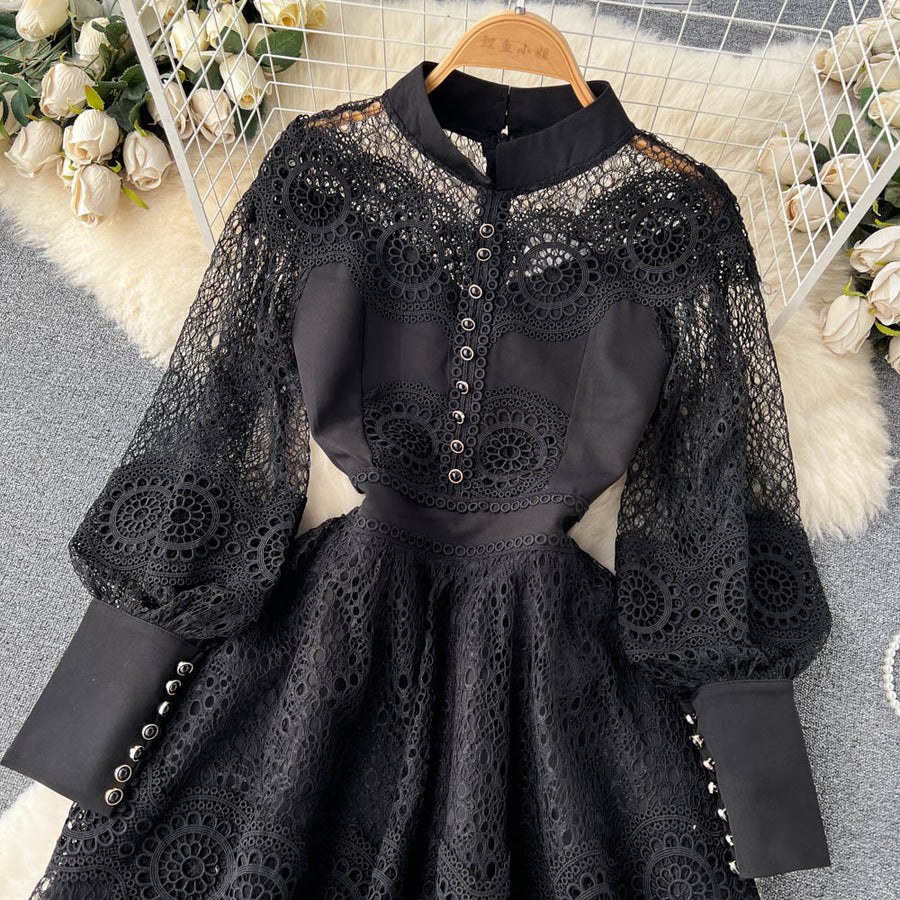 Vintage Flowers Embroidered Hollow Out Lace Dress High Neck Long Lantern Sleeve High Quality Pearl Buttons