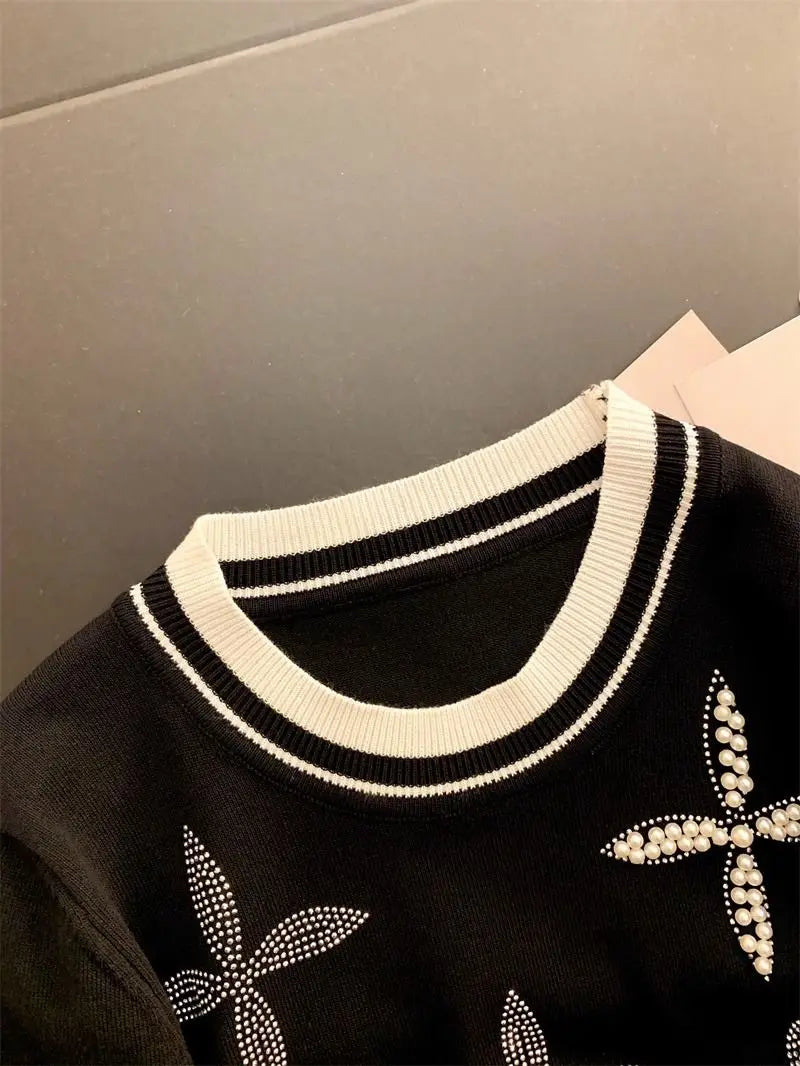Patchwork Short Sleeve Round Neck Beaded Knitted T-shirt