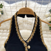 French V-neck, halterneck, backless short dress with fitted belt with high quality beads and sequins