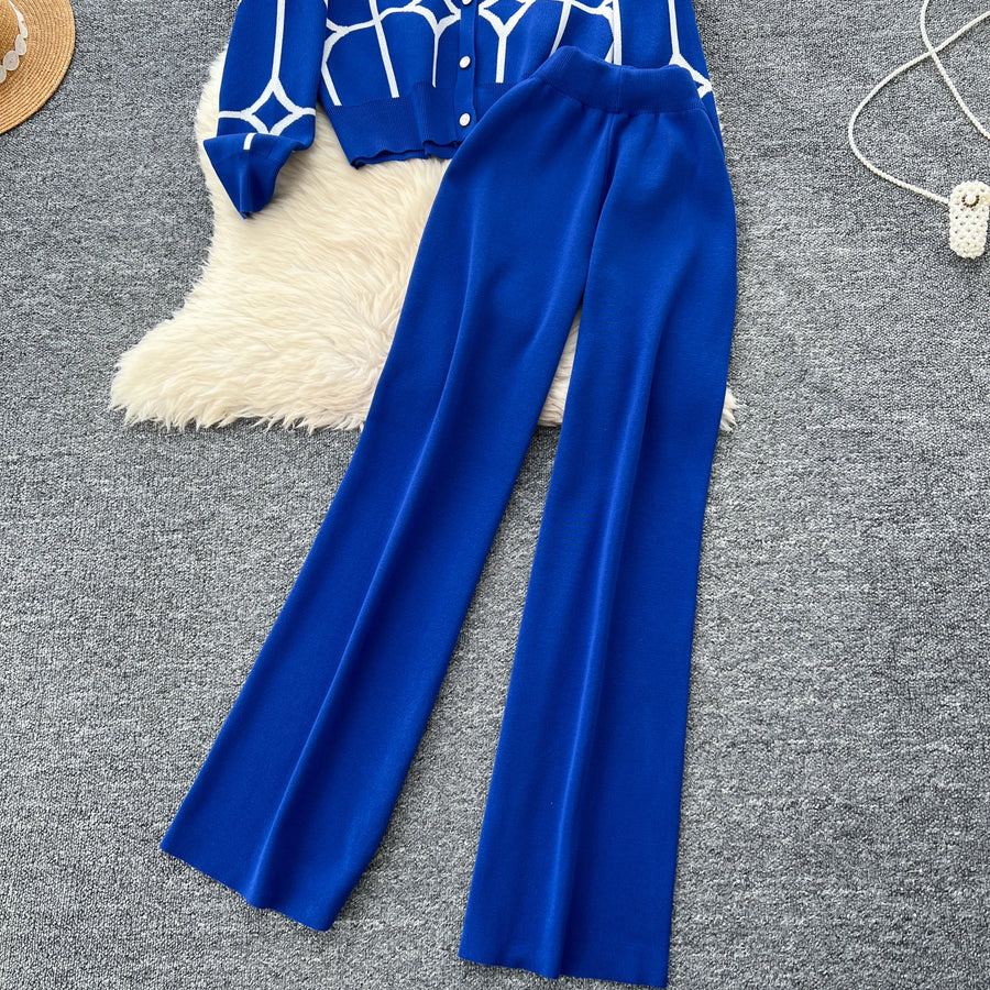 2 Piece Sets Single Breasted Print Cardigan + High Waist Wide Legs Pants