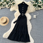 Ribbed Knit Dress Sleeveless Lapel Belt French Ins Chic Spring Summer Celebrity Style Feminine A-line Long Dress