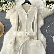 Basic Sets V-Neck Button-Down Knitted Blouse + High Quality Elastic Waist Bodycon Skirt