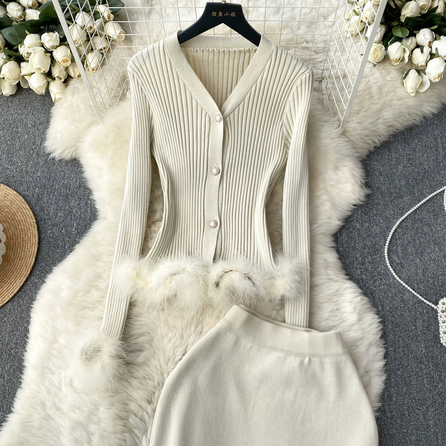 Basic Sets V-Neck Button-Down Knitted Blouse + High Quality Elastic Waist Bodycon Skirt