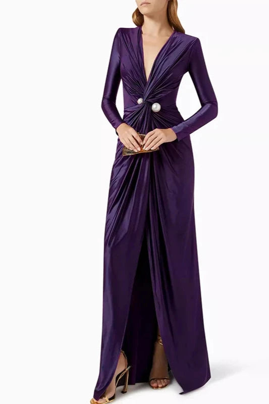 Women's Solid Color Pleated Split Front Tied Waist Bodycon Long Sleeves Deep V Neck Maxi Party Dresses