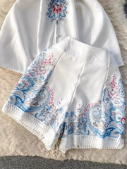 2 Piece Set Bowknot V-Neck Puff Short Sleeve Belted Shirt + Floral Print Wide Leg Shorts