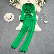 Women's Two-Piece Set Long-Sleeved Lace-up Waist V-Neck Mid-Length Knitted Cardigan Coat + Wide-Leg Pants