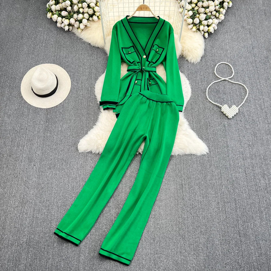 Women's Two-Piece Set Long-Sleeved Lace-up Waist V-Neck Mid-Length Knitted Cardigan Coat + Wide-Leg Pants