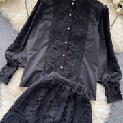 Retro Two Piece Set Hollow Out Long Sleeve Shirt+High Quality Mini Skirts