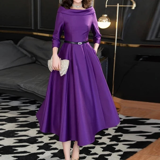 High Quality Long Sleeve Slash Neck Elegant Dresses