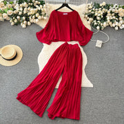 Casual Two Piece Set Loose Shirt+High Waist Straight Pants