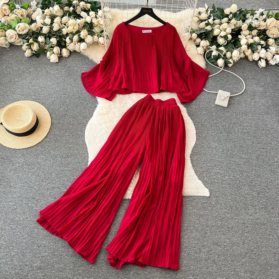 Casual Two Piece Set Loose Shirt+High Waist Straight Pants