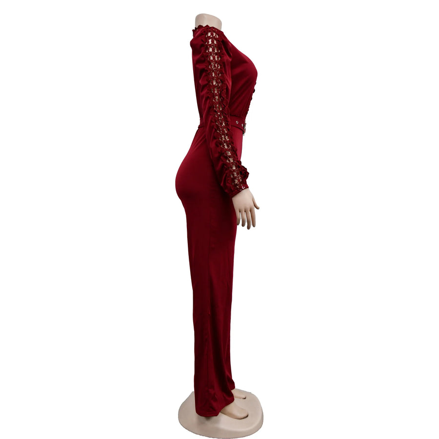 Elegant Hollow Out Turtleneck Long Sleeve Slim Fit Jumpsuit with Belt High Quality