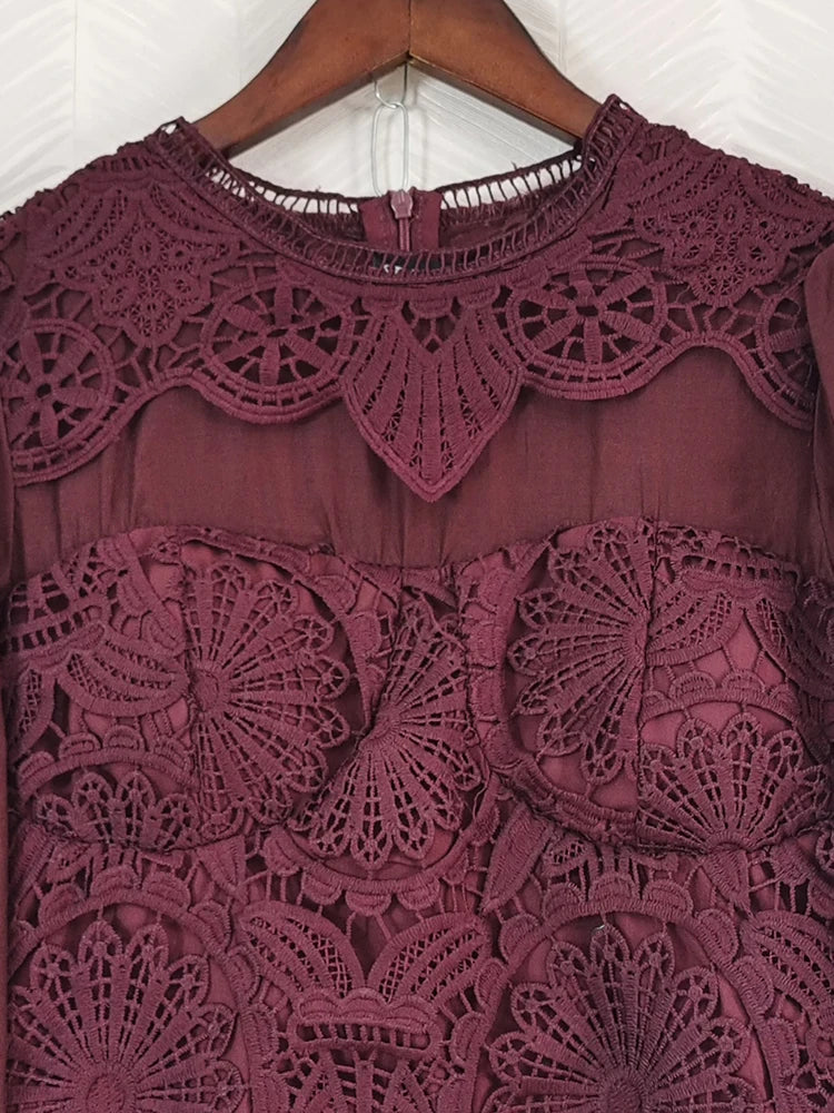 Vintage quality elegant hollow out embroidered flower green black white dress