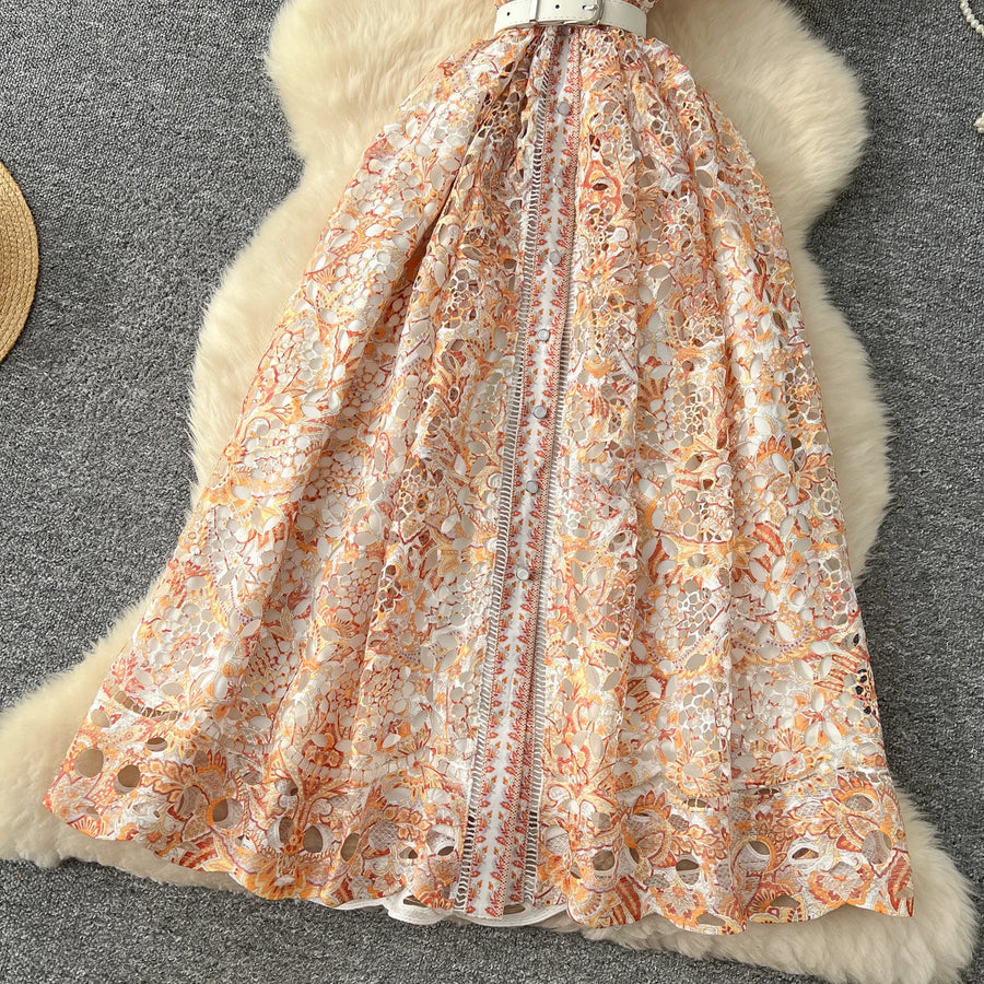 Elegant vintage button-down midi dress with high-quality print
